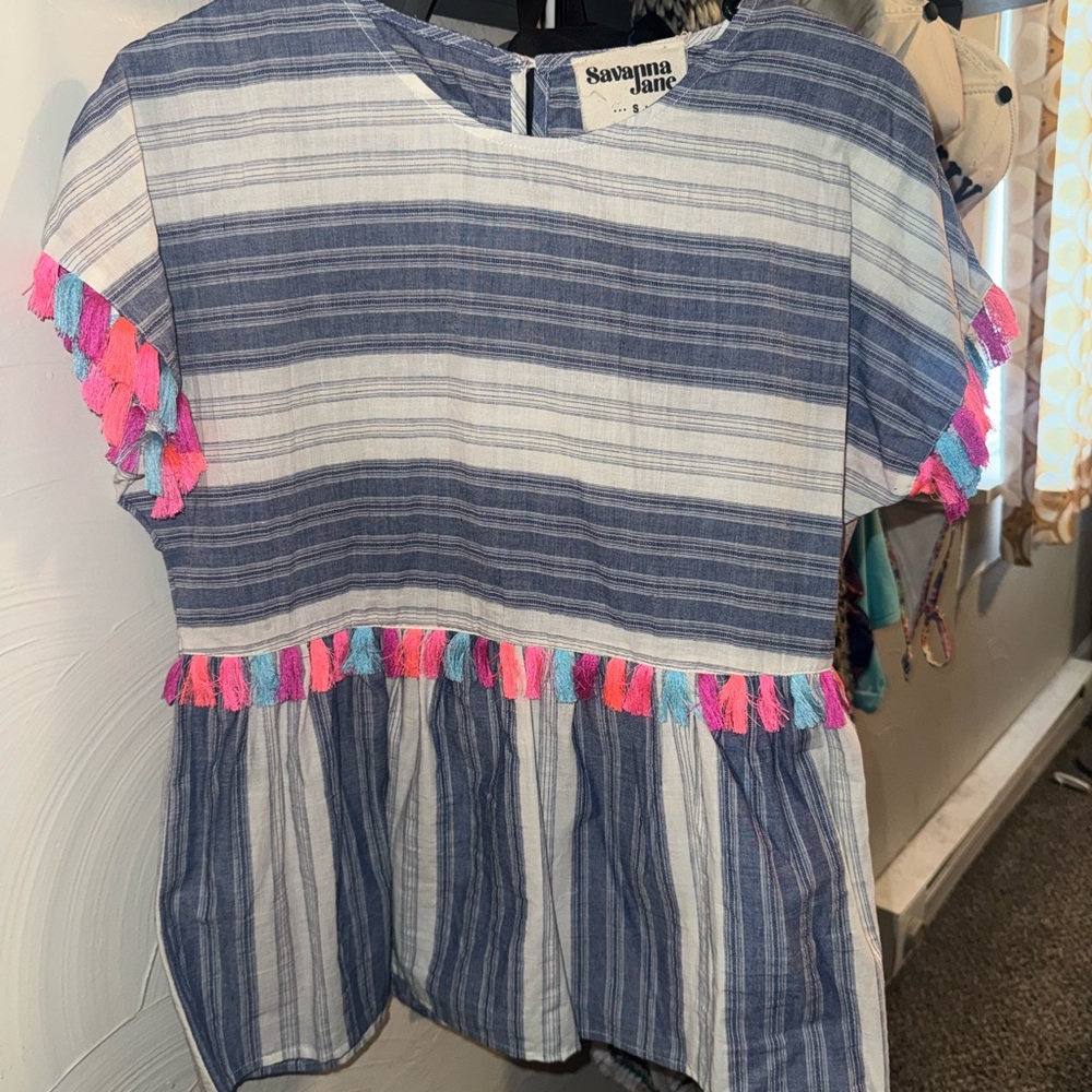 Savanna Jane Kids Top with Blue Stripes and Colorful Tassels